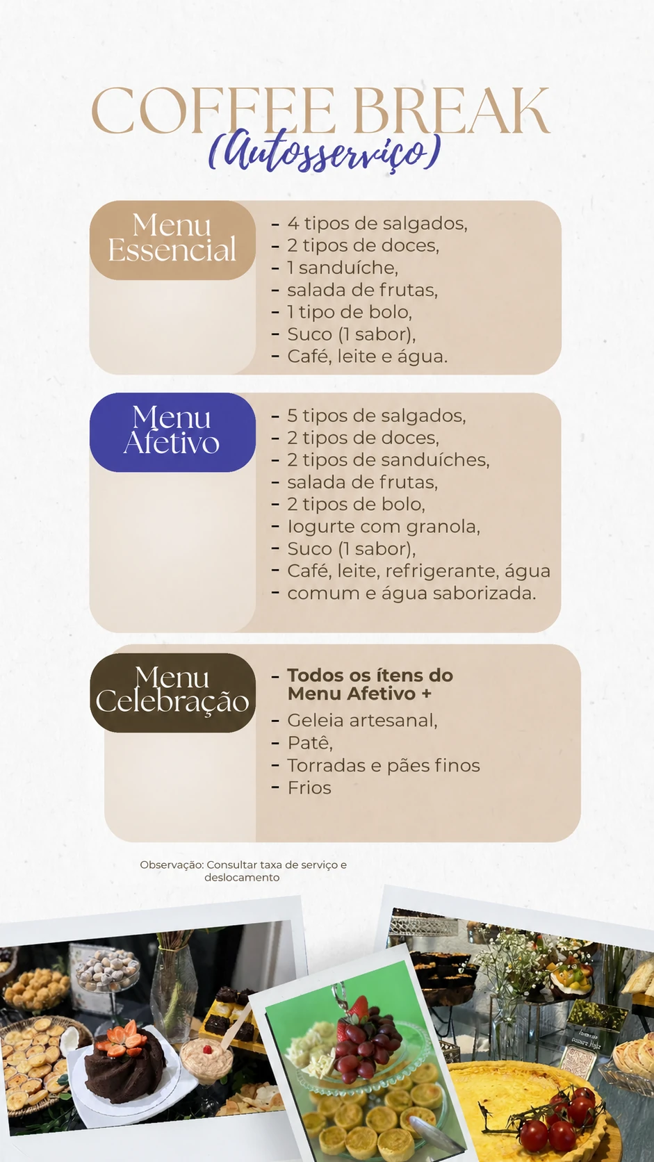 Menus Essencial, Afetivo e Celebração, sem preços