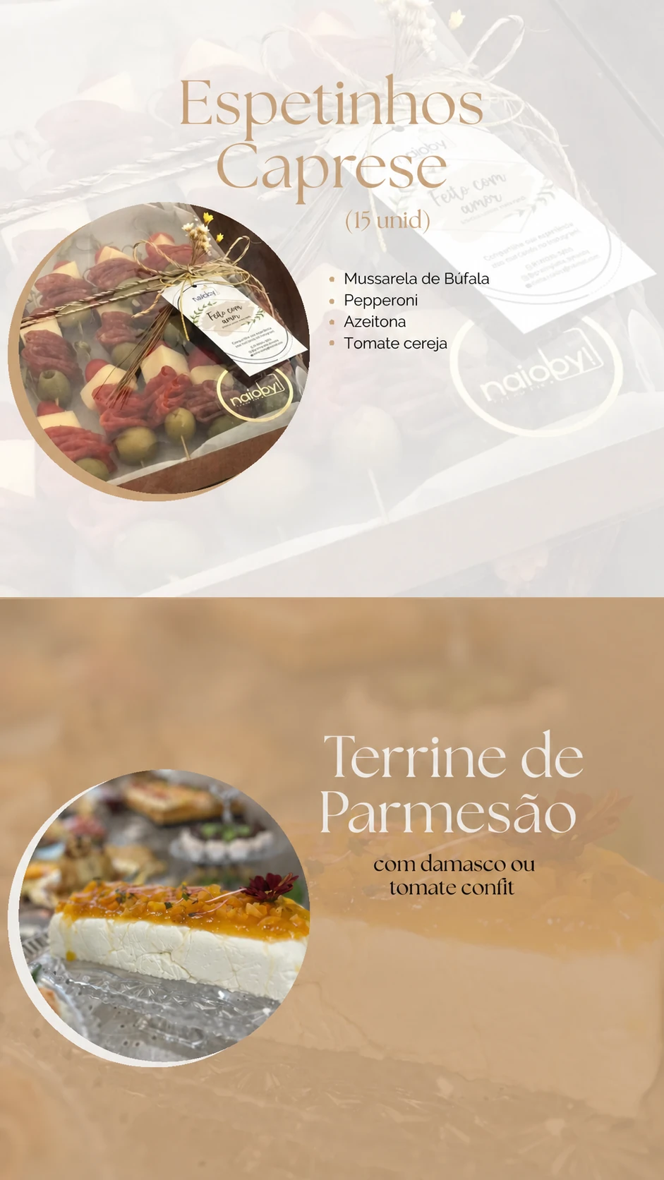 Espetinhos Caprese e terrine de parmesão, sem preços