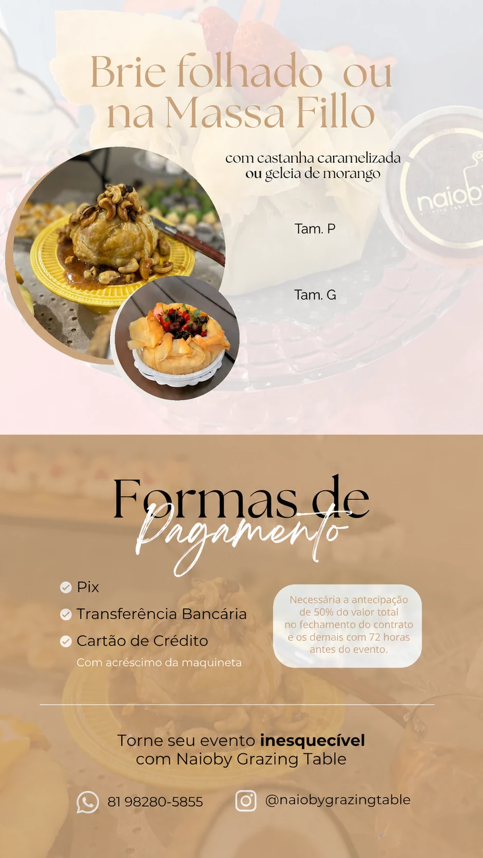 Brie folhado e formas de pagamento, sem preços